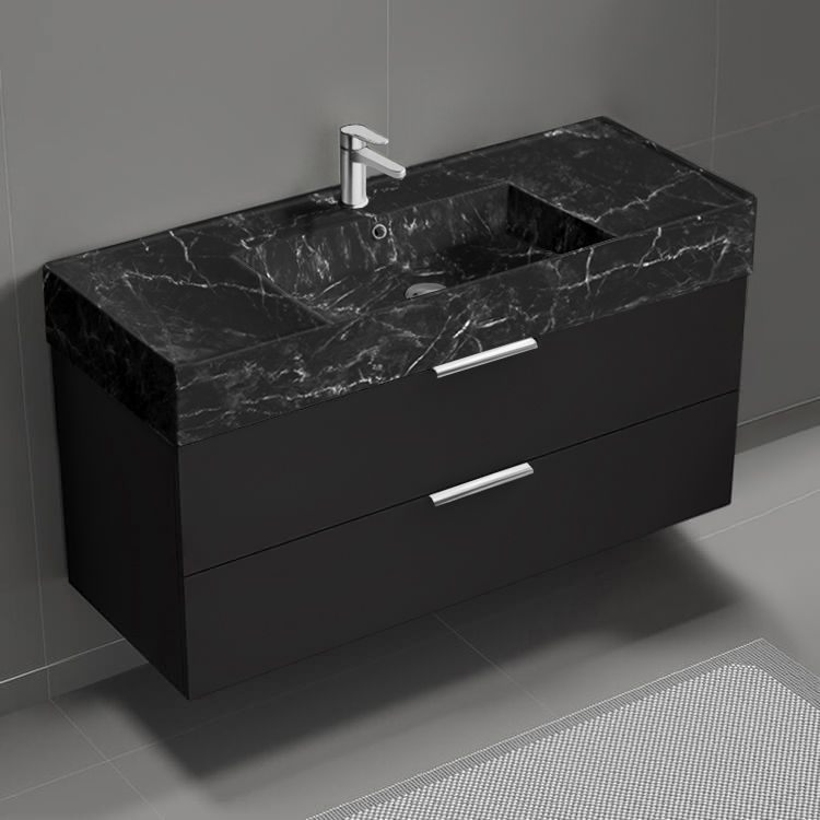 Nameeks DERIN941 Modern Bathroom Vanity With Black Marble Design Sink, Wall Mount, 48 Inch, Matte Black